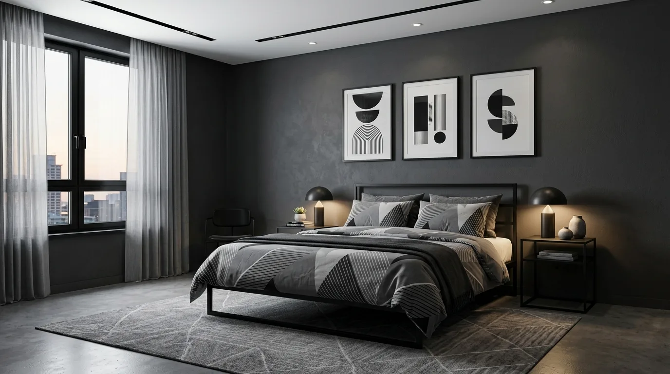Sleek grey bedroom with black hardware and refined modern detailing.