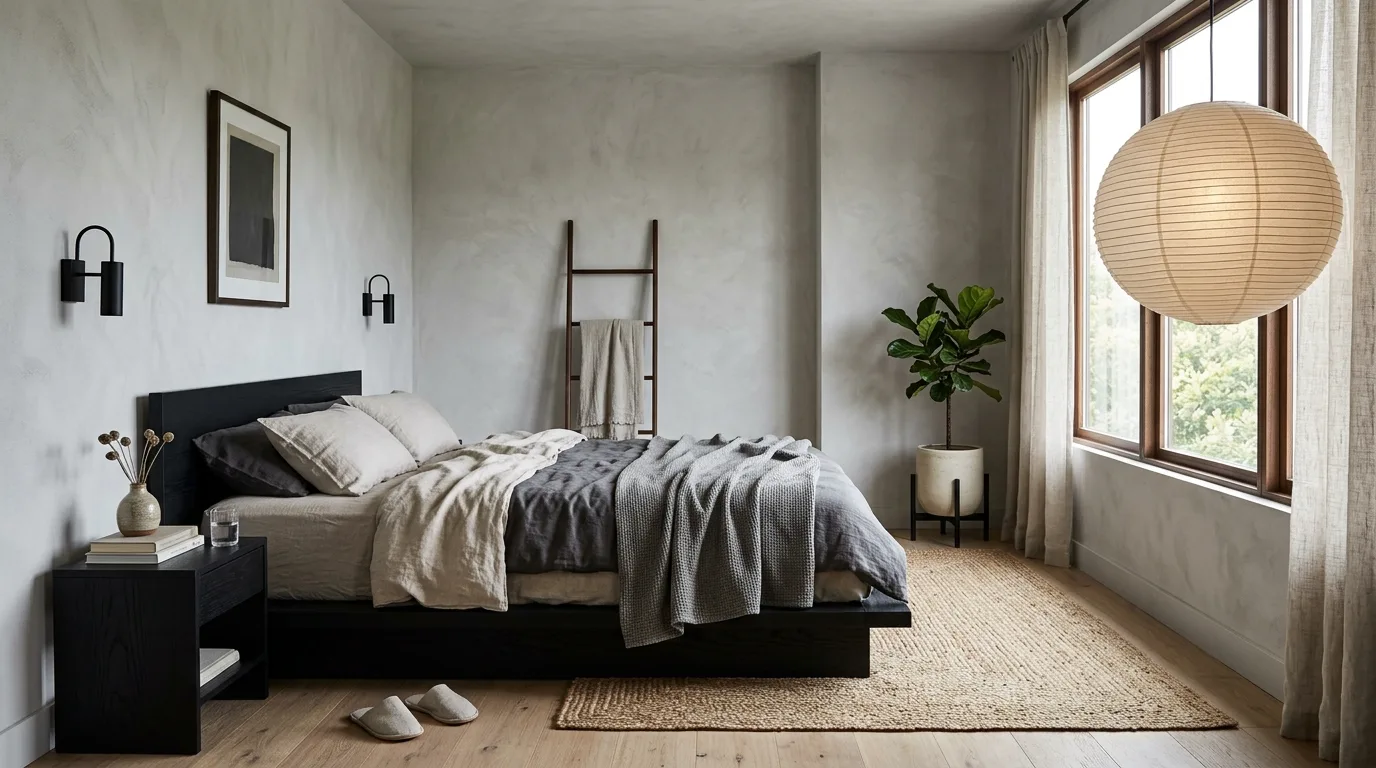 Black and grey bedroom balanced by warm lighting and soft texture.