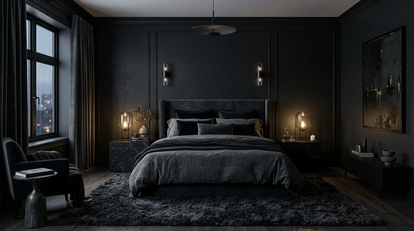 Grey sanctuary bedroom with black definition and sleek layered calm.