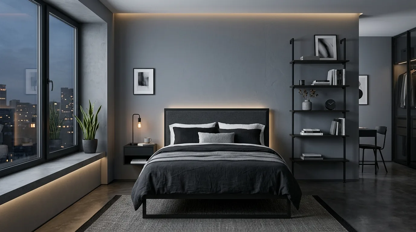 Modern black and grey bedroom that feels sleek, restful, and carefully layered.