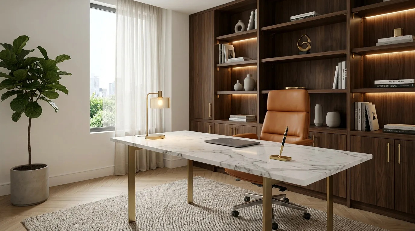One warm element softening a sleek modern office.