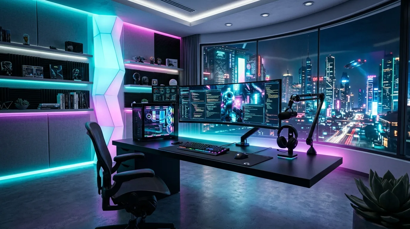 Cleanly integrated technology in a sleek workspace.