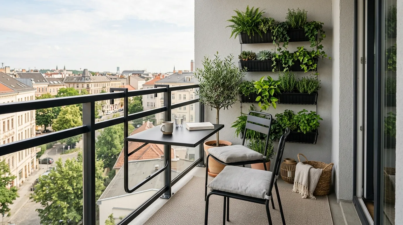 Modern small balcony designed to maximize every inch with clean layered styling.