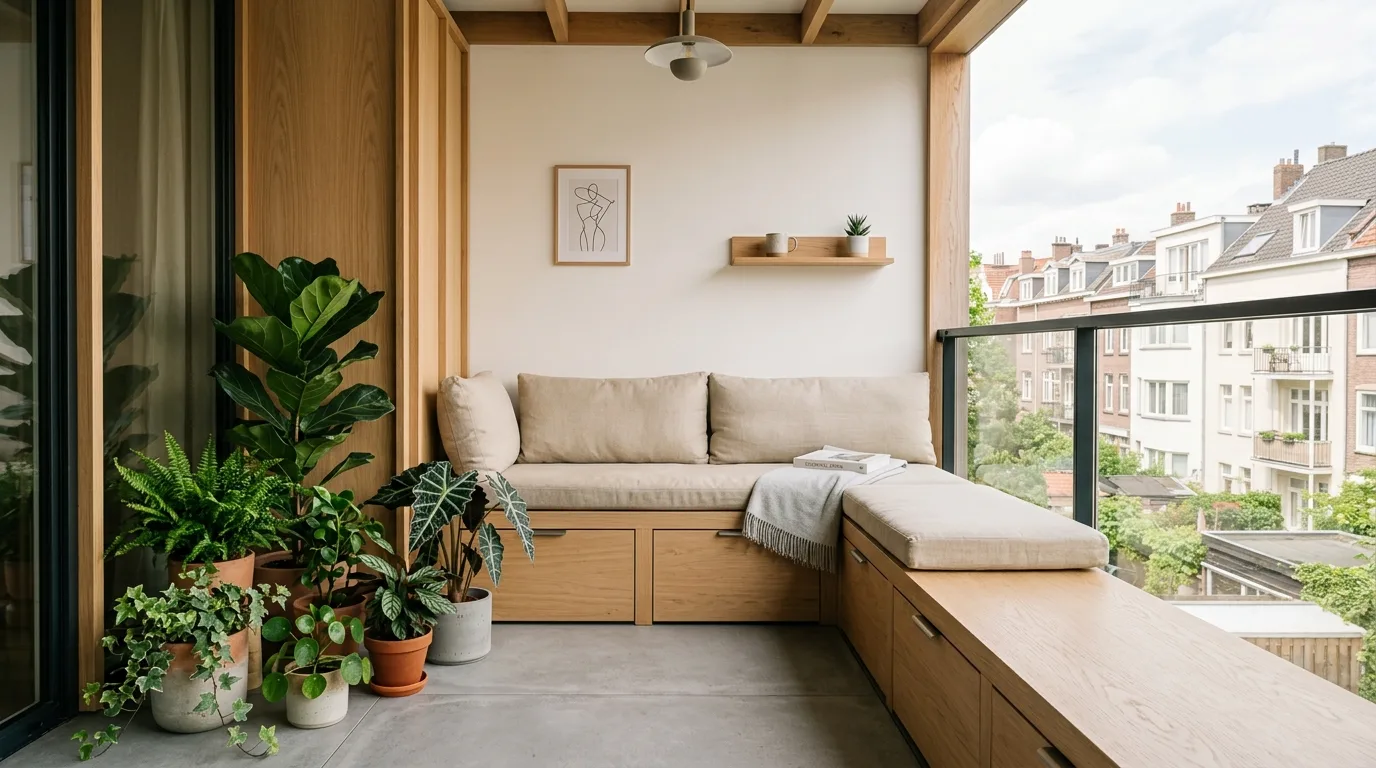 Small balcony designed around one clear function in a modern apartment.