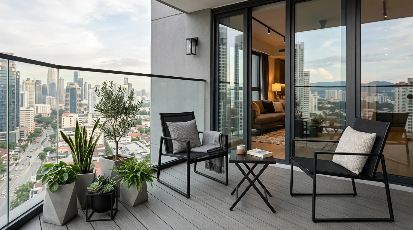 Limited color palette creating a cleaner look on a small balcony.