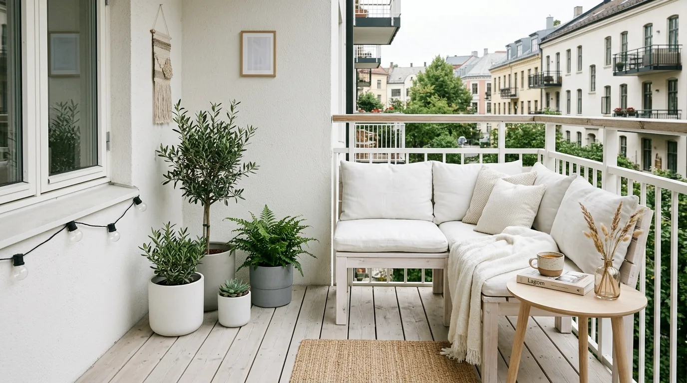Vertical plants and storage on a modern small balcony maximizing space.