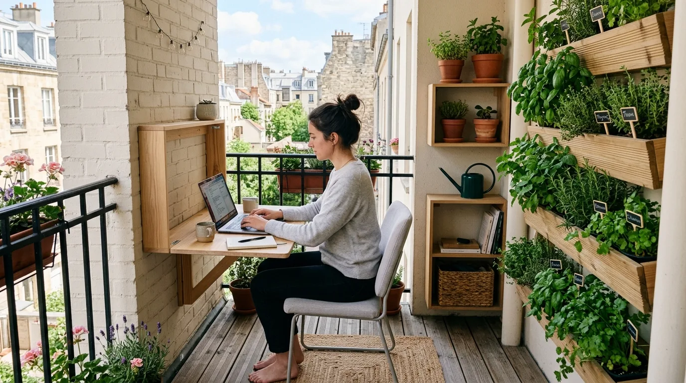 Open sightlines at the railing helping a small balcony feel bigger.