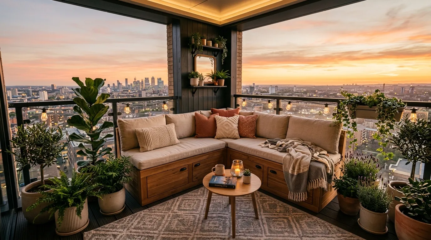 One strong material story creating cohesion on a small modern balcony.
