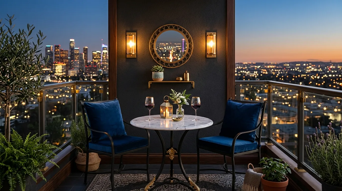 Lighting extending a modern small balcony into the evening.
