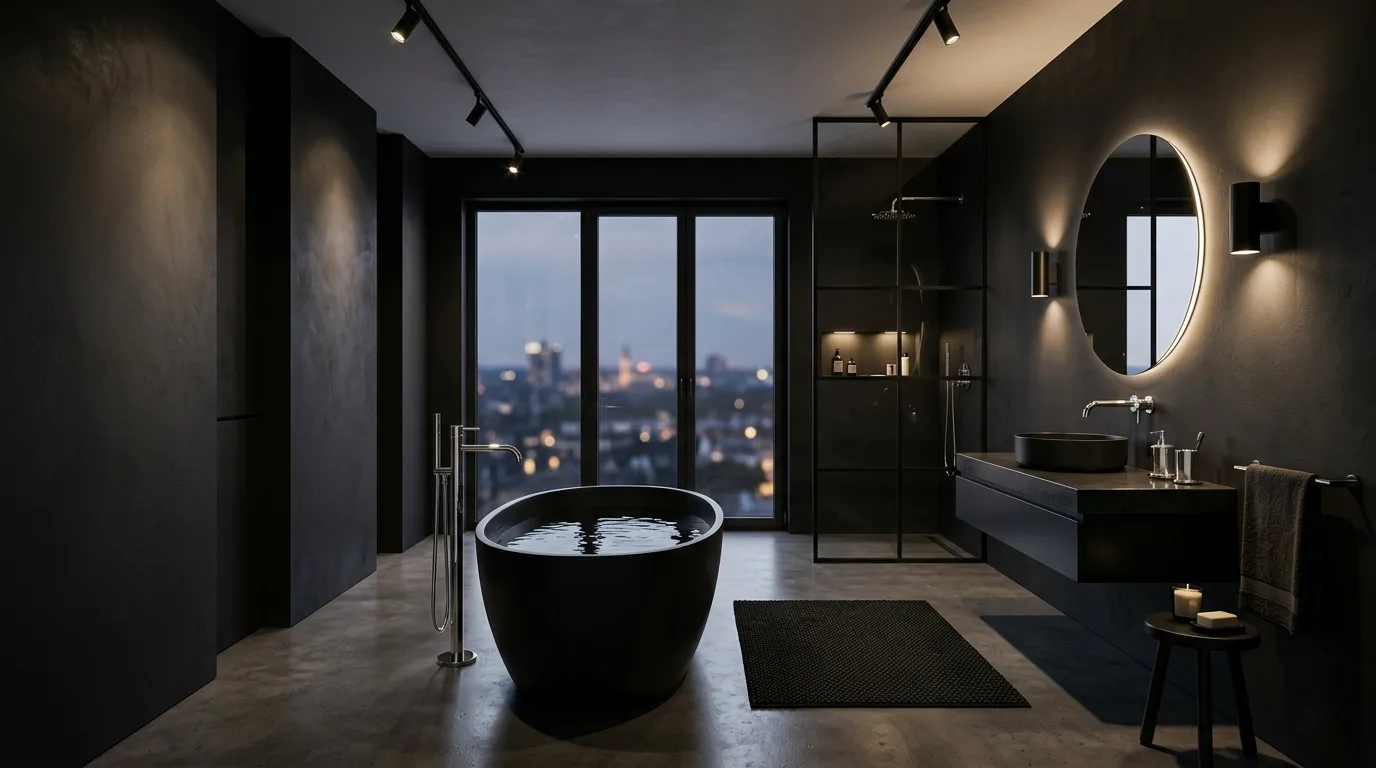 Monochromatic black and silver bathroom with sleek style.