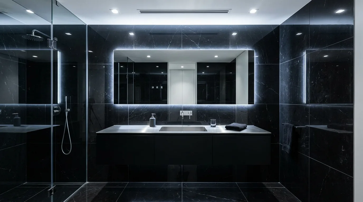 Black foundation in a monochromatic silver bathroom.
