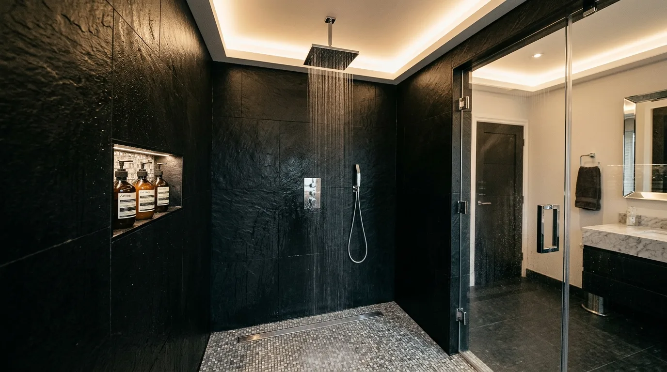 Repeated silver hardware in a black and silver bathroom.