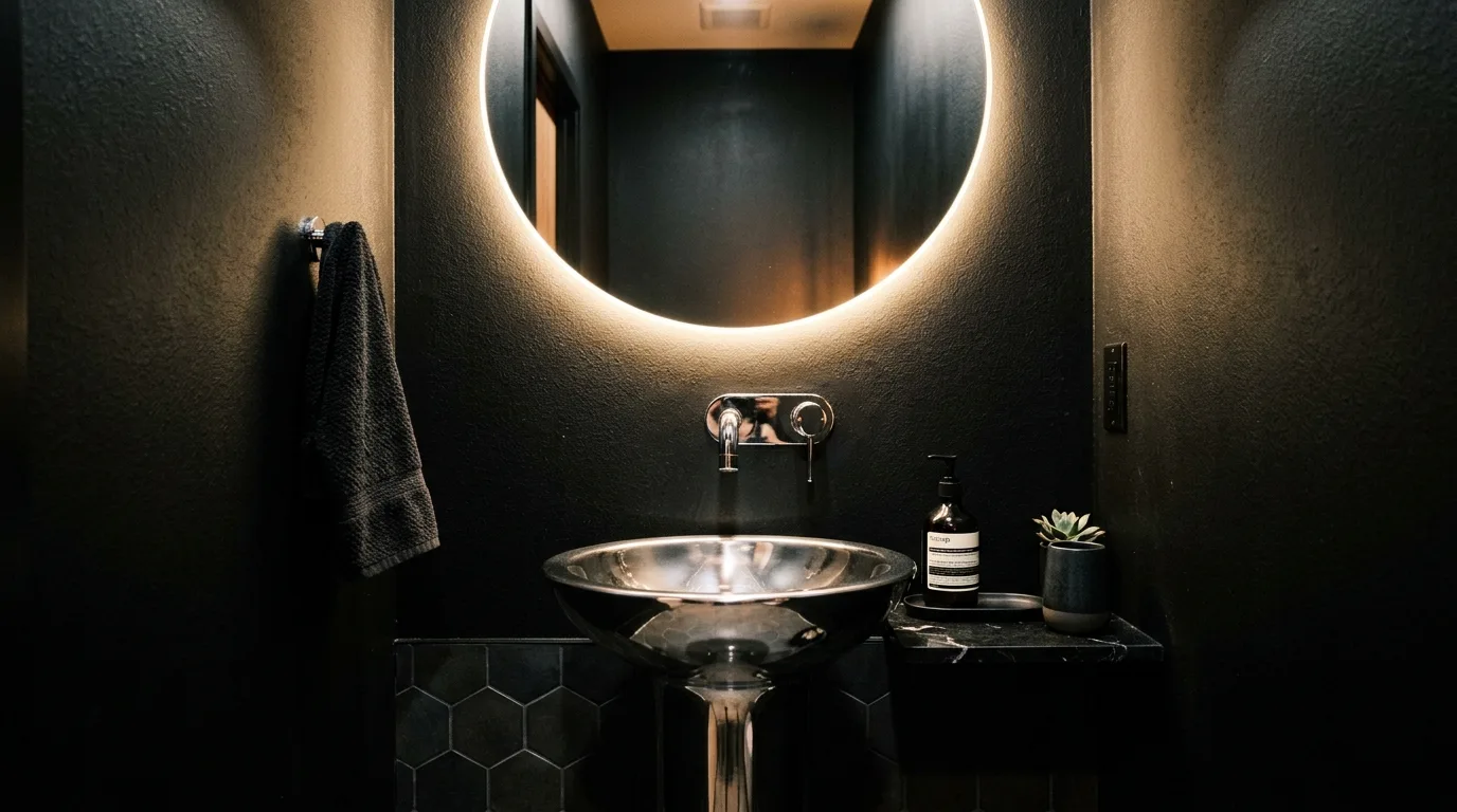 Reflective surfaces breaking up darkness in a black bathroom.