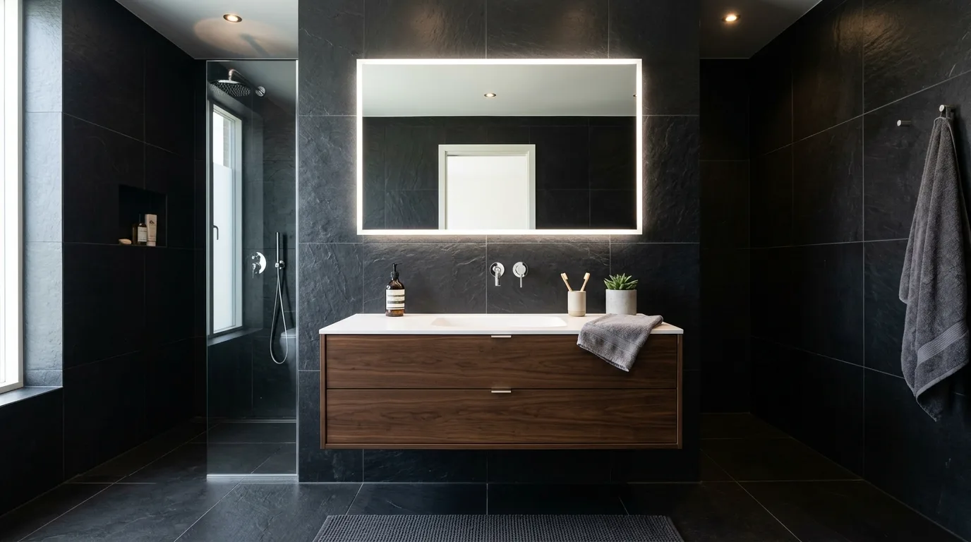 Minimal strong forms in a black and silver bathroom.