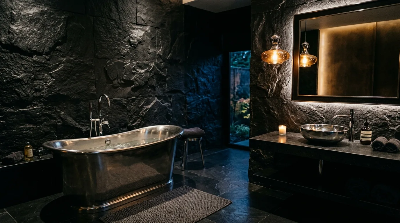 Balanced lighting adding shine in a black and silver bathroom.