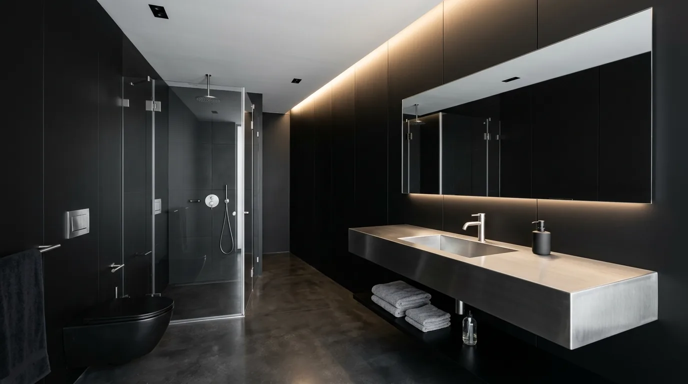 Texture added to a monochromatic black and silver bathroom.