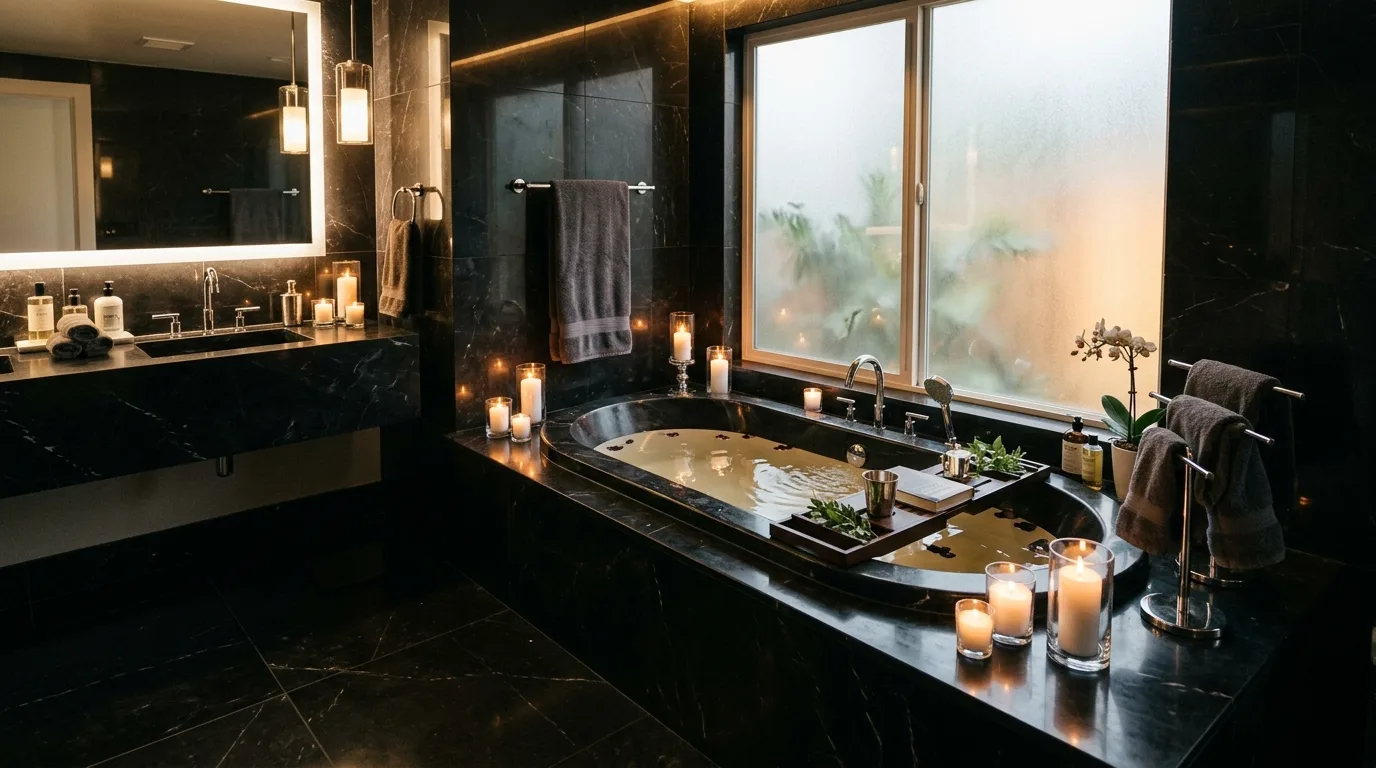 Edited styling in a monochromatic black and silver bathroom.