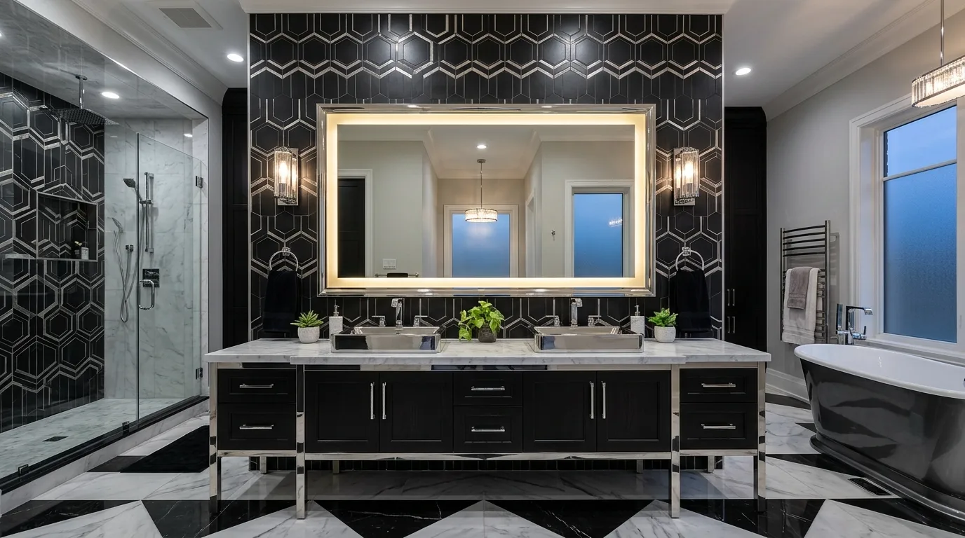 Sharp modern black and silver bathroom design.