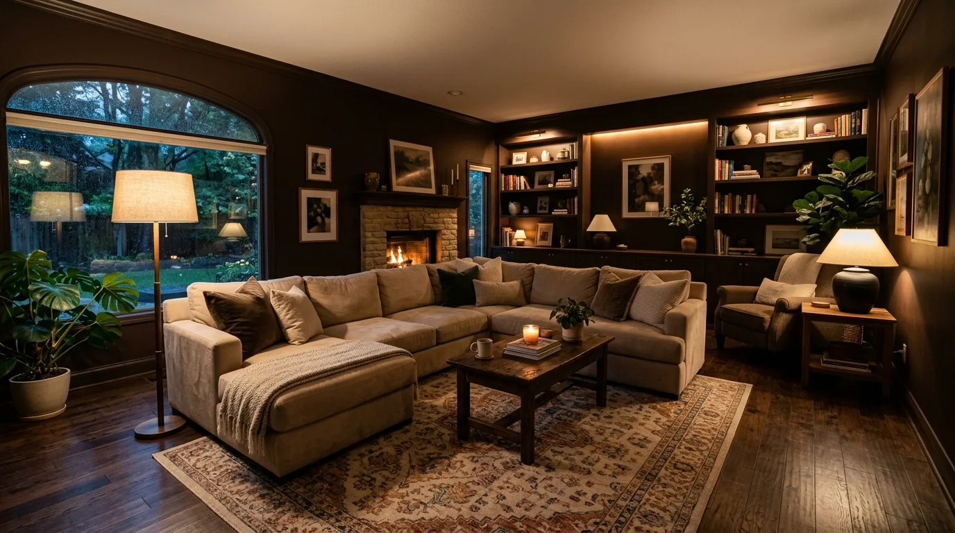 Moody Brown Walls Living Room Ideas for a Cocooning Effect in a thoughtfully styled living room.