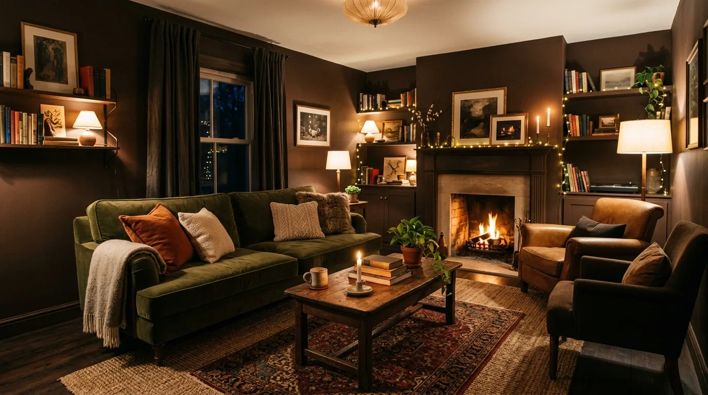 start with the main anchor piece in a living room inspired by moody brown walls cocooning.