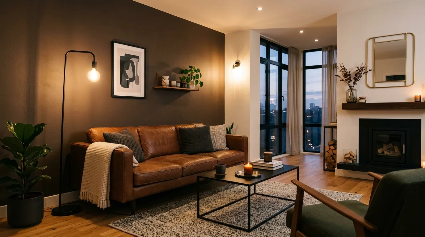 pair it with colors that support the mood in a living room inspired by moody brown walls cocooning.