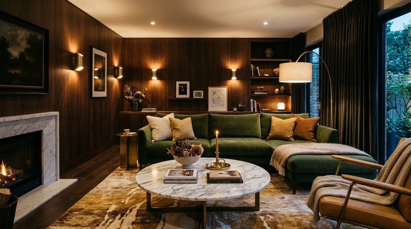 use lighting to warm the room in a living room inspired by moody brown walls cocooning.