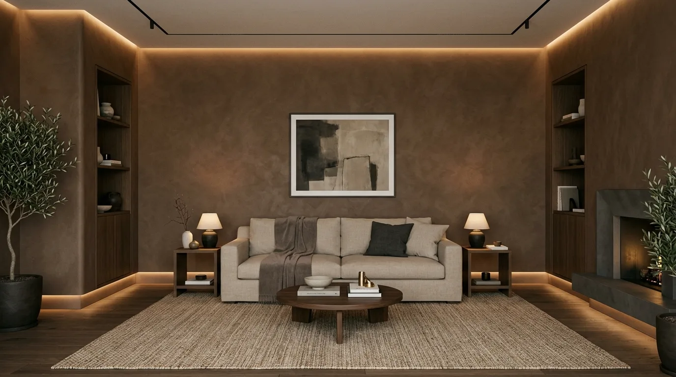 layer texture for added comfort in a living room inspired by moody brown walls cocooning.
