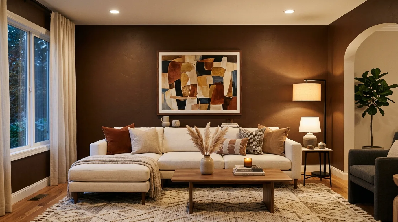 balance contrast with softness in a living room inspired by moody brown walls cocooning.