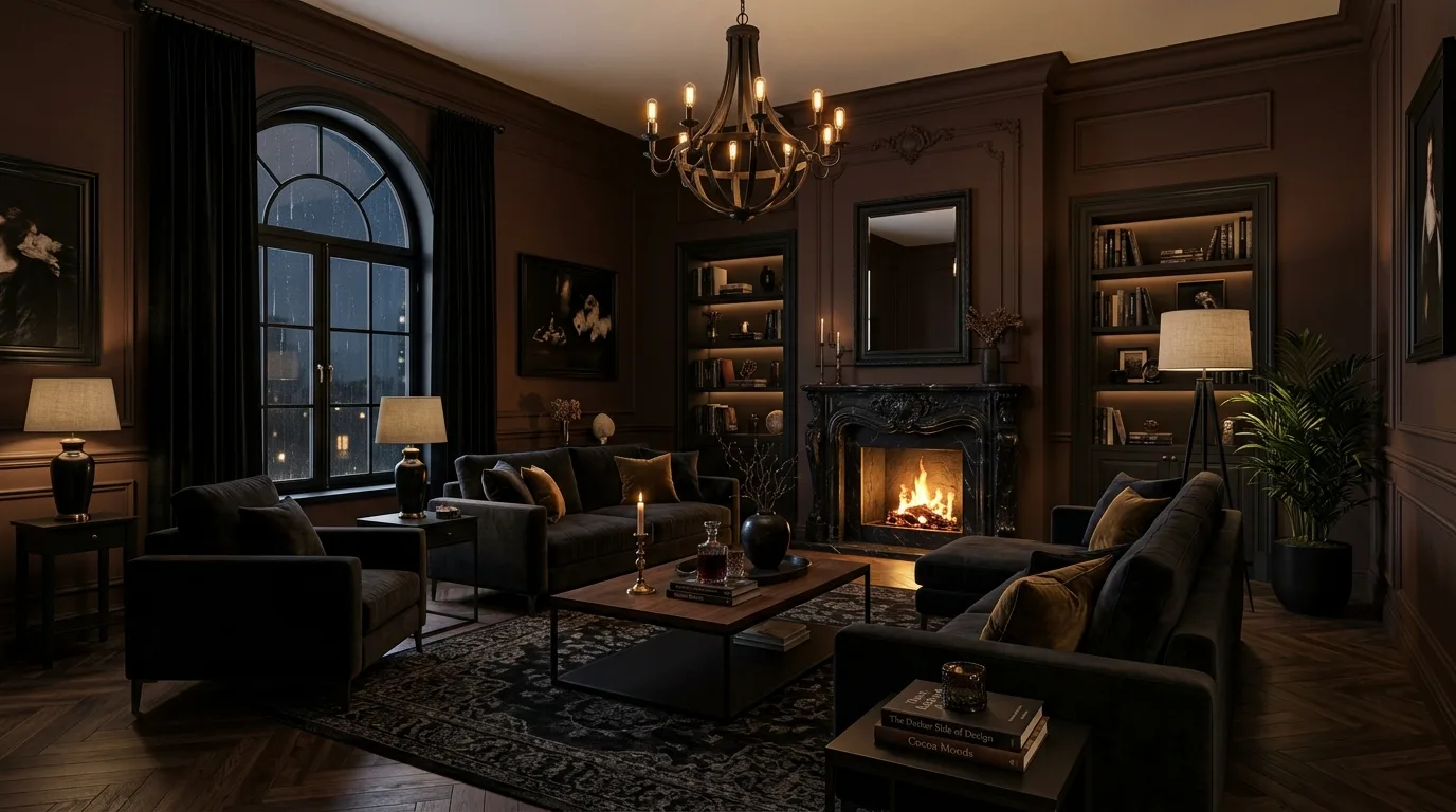 use decor that feels collected in a living room inspired by moody brown walls cocooning.