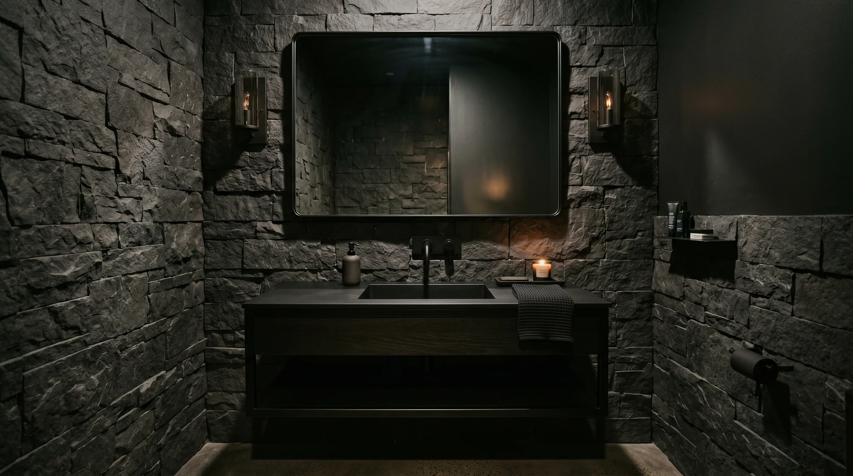 Moody dark stone bathroom designed as a dramatic powder room.