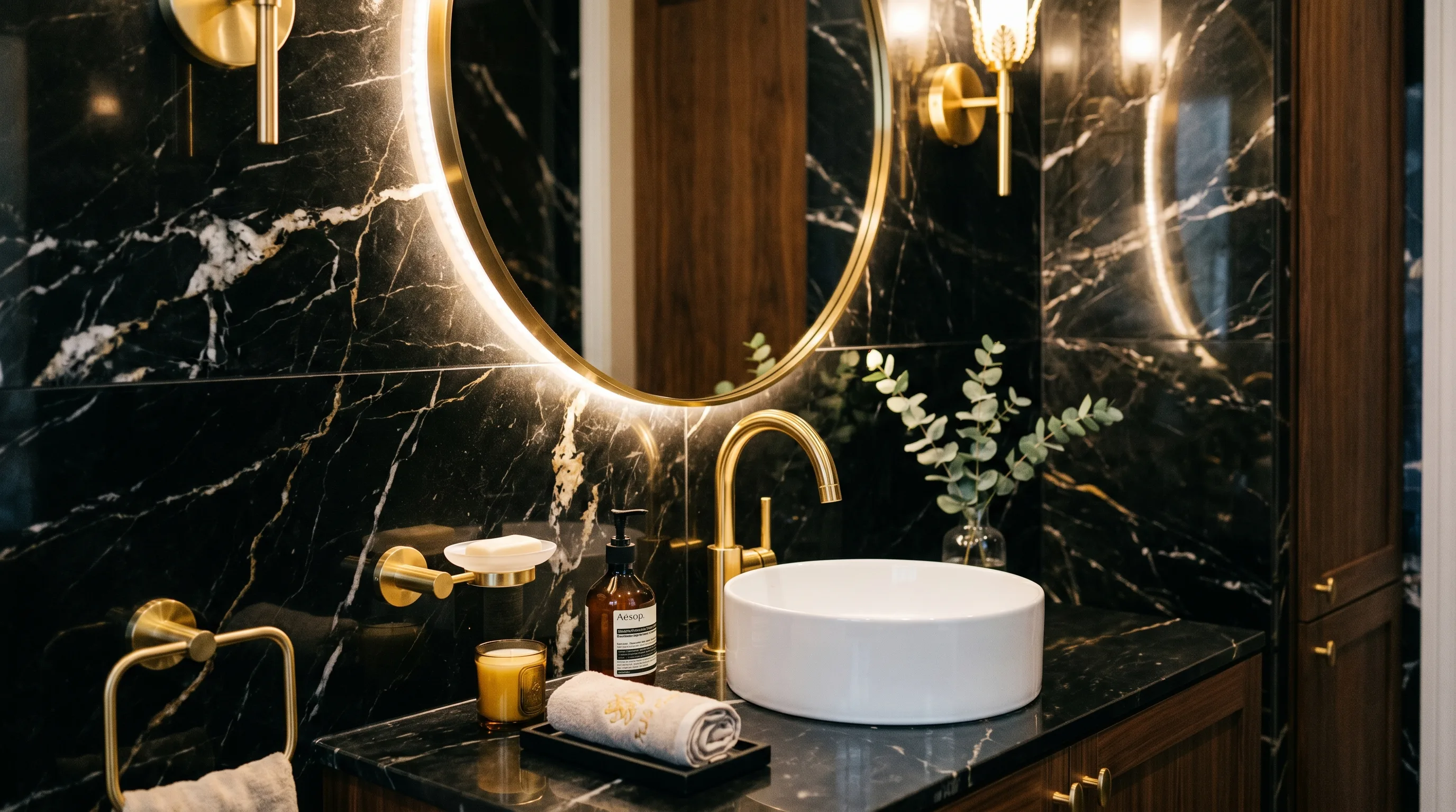 Dark stone vanity wall in a dramatic powder room.