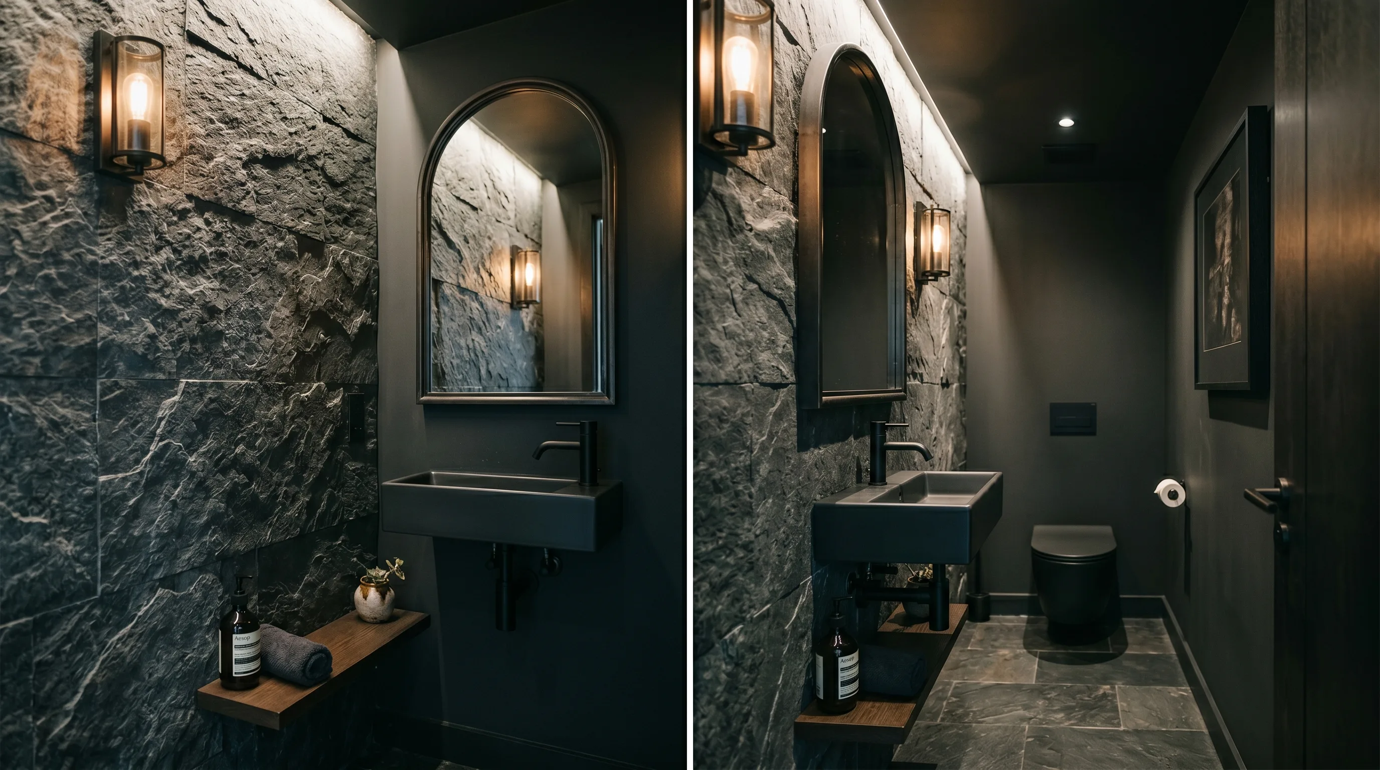 Mirror reflecting texture in a moody dark stone powder room.