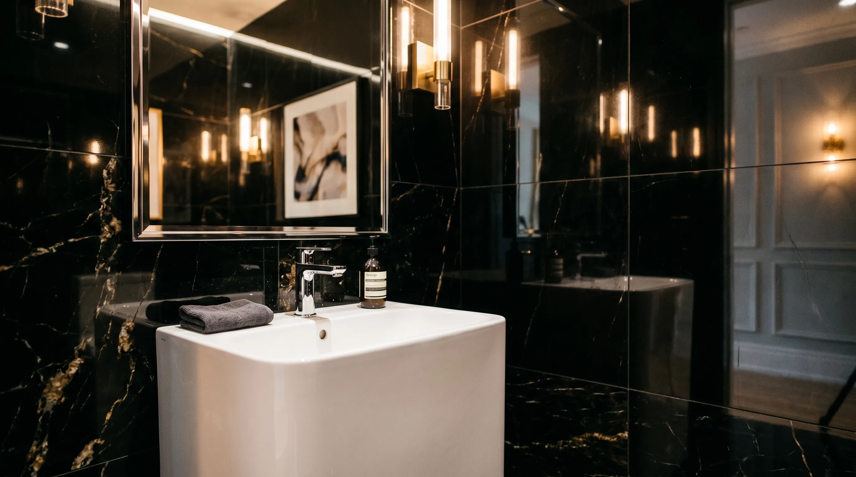 Soft sconces lighting a moody dark stone powder room.