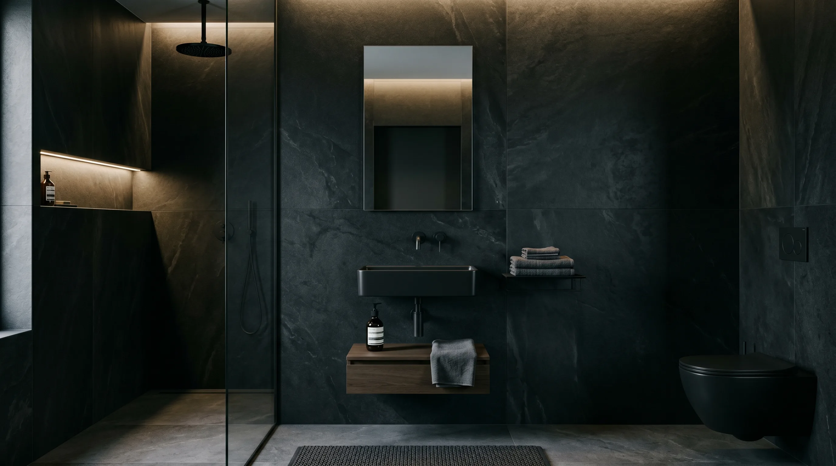 Dark stone serving as the main ornament in a powder room.