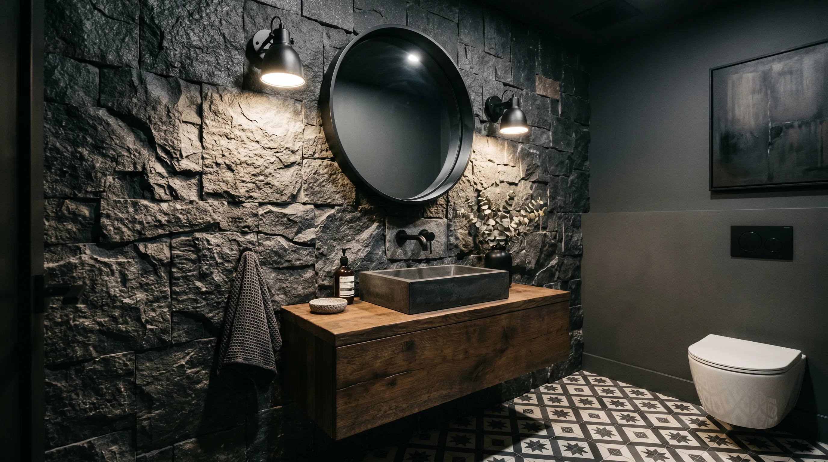 Floating vanity balancing a moody dark stone powder room.