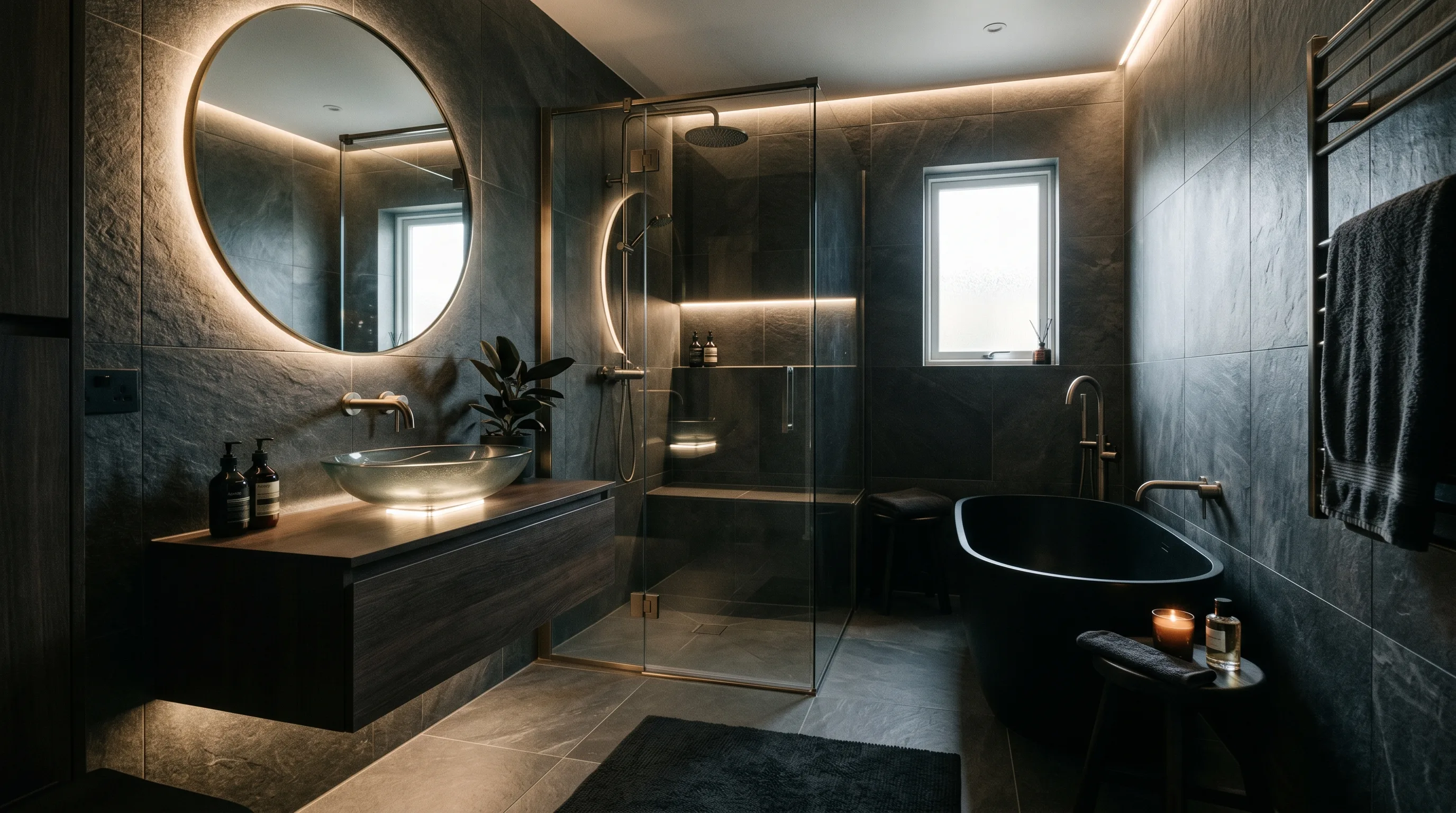 Dramatic dark stone powder room with restrained styling.