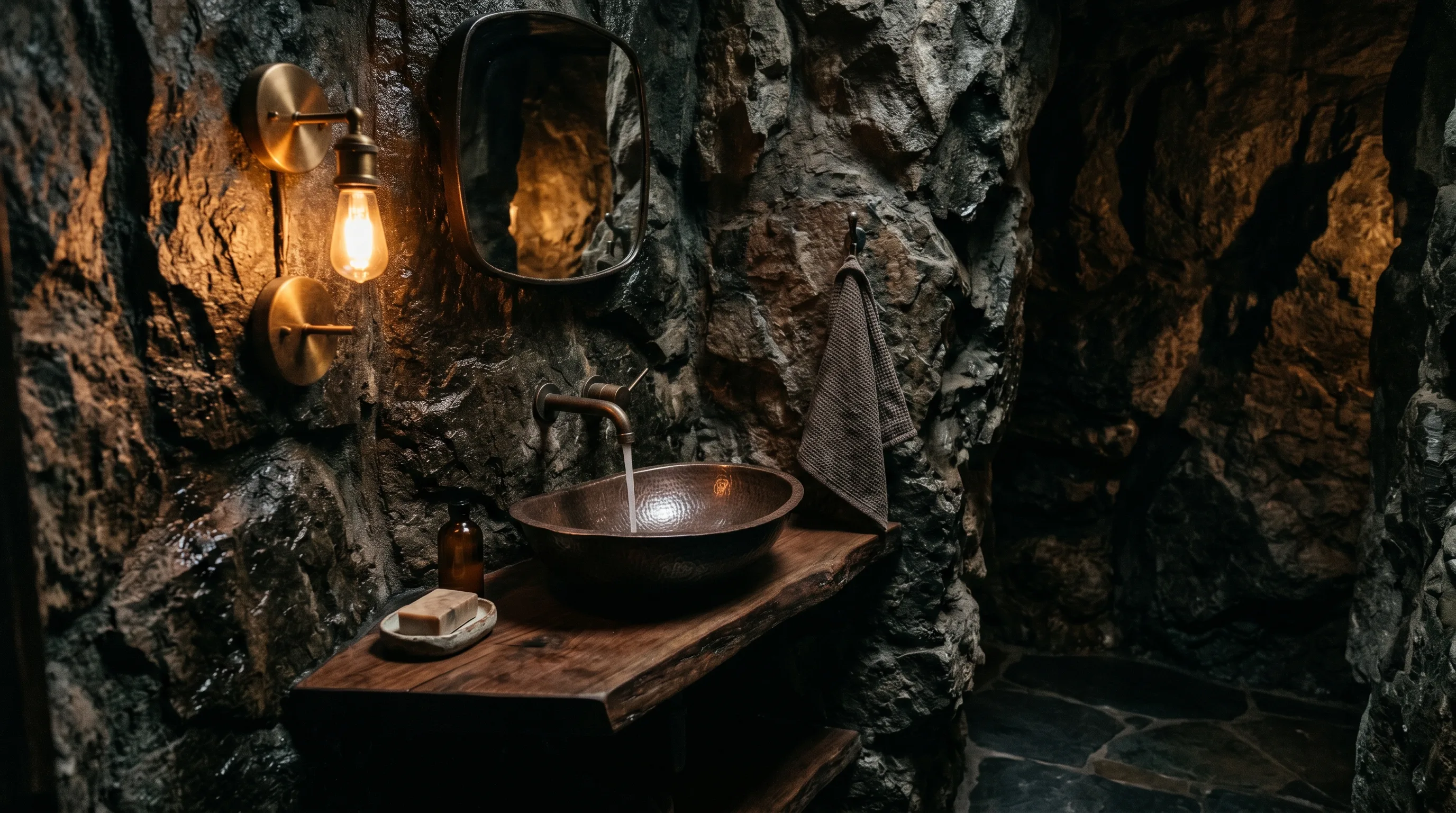 Memorable dramatic powder room finished in dark stone.