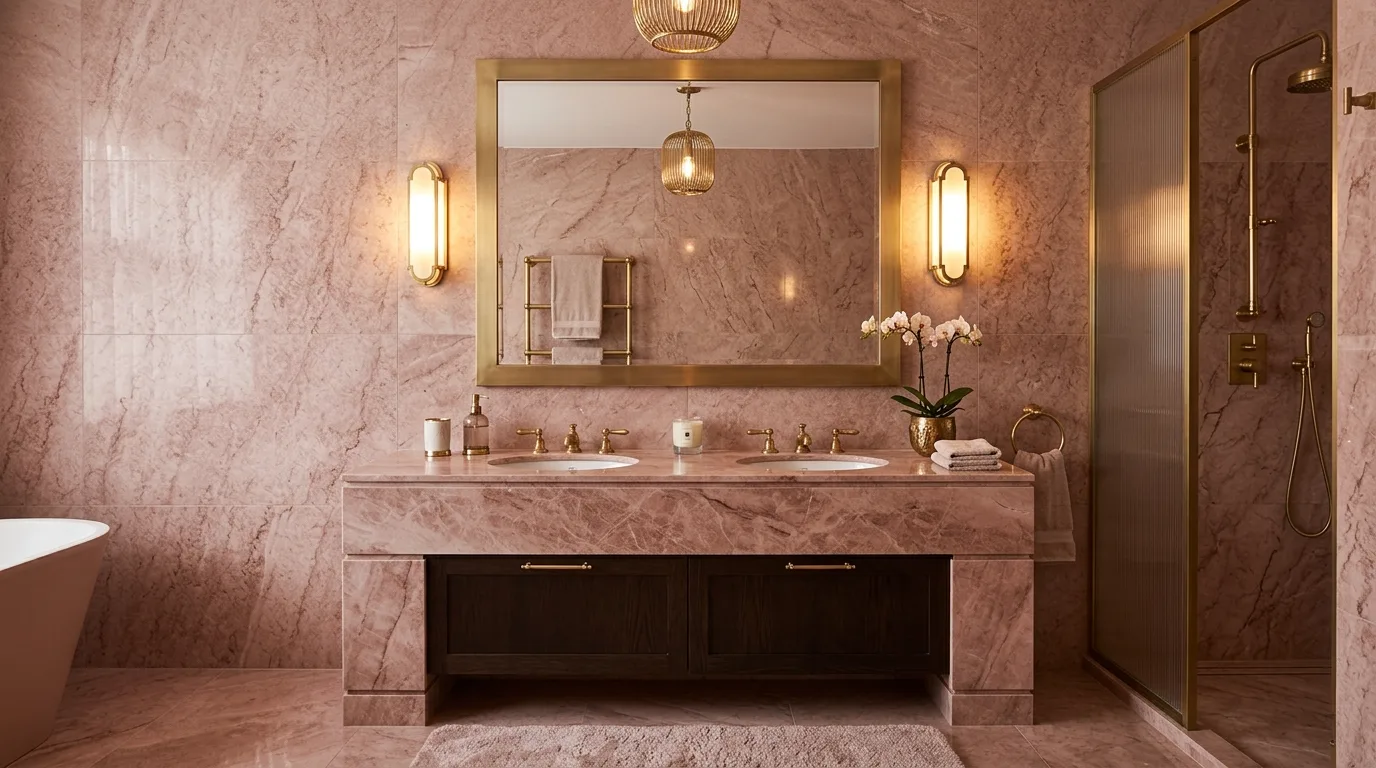 start with the main color or material story in a bathroom inspired by moody pink sophisticated blush.