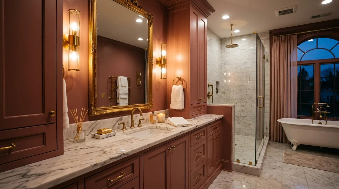 use lighting to bring the space to life in a bathroom inspired by moody pink sophisticated blush.