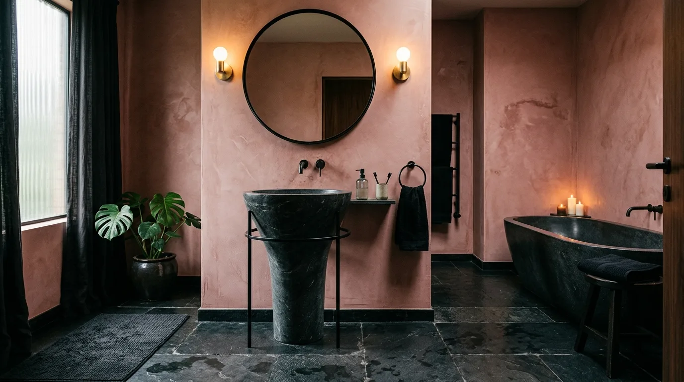 add texture for more depth in a bathroom inspired by moody pink sophisticated blush.