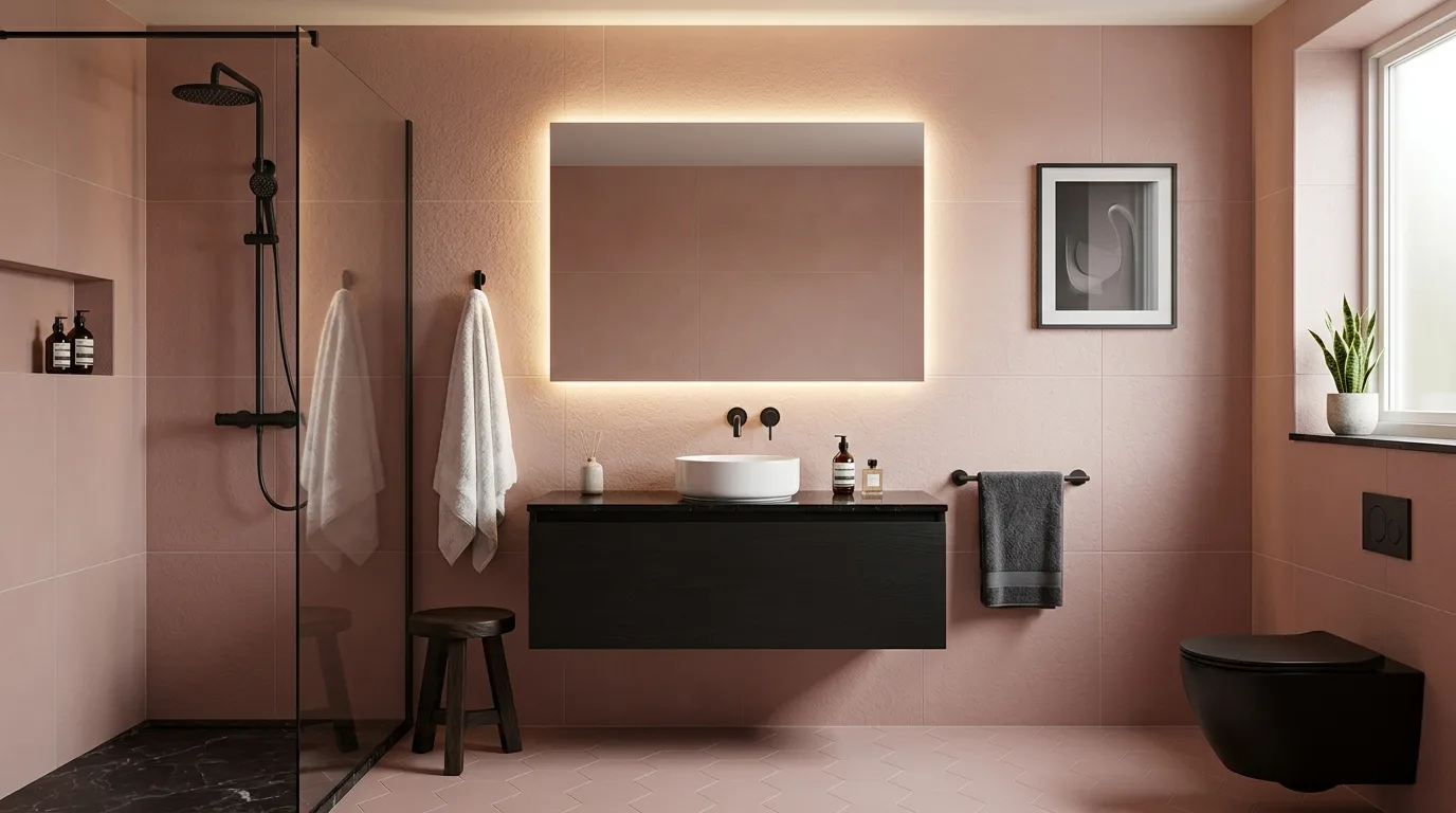 keep fixtures and lines thoughtful in a bathroom inspired by moody pink sophisticated blush.