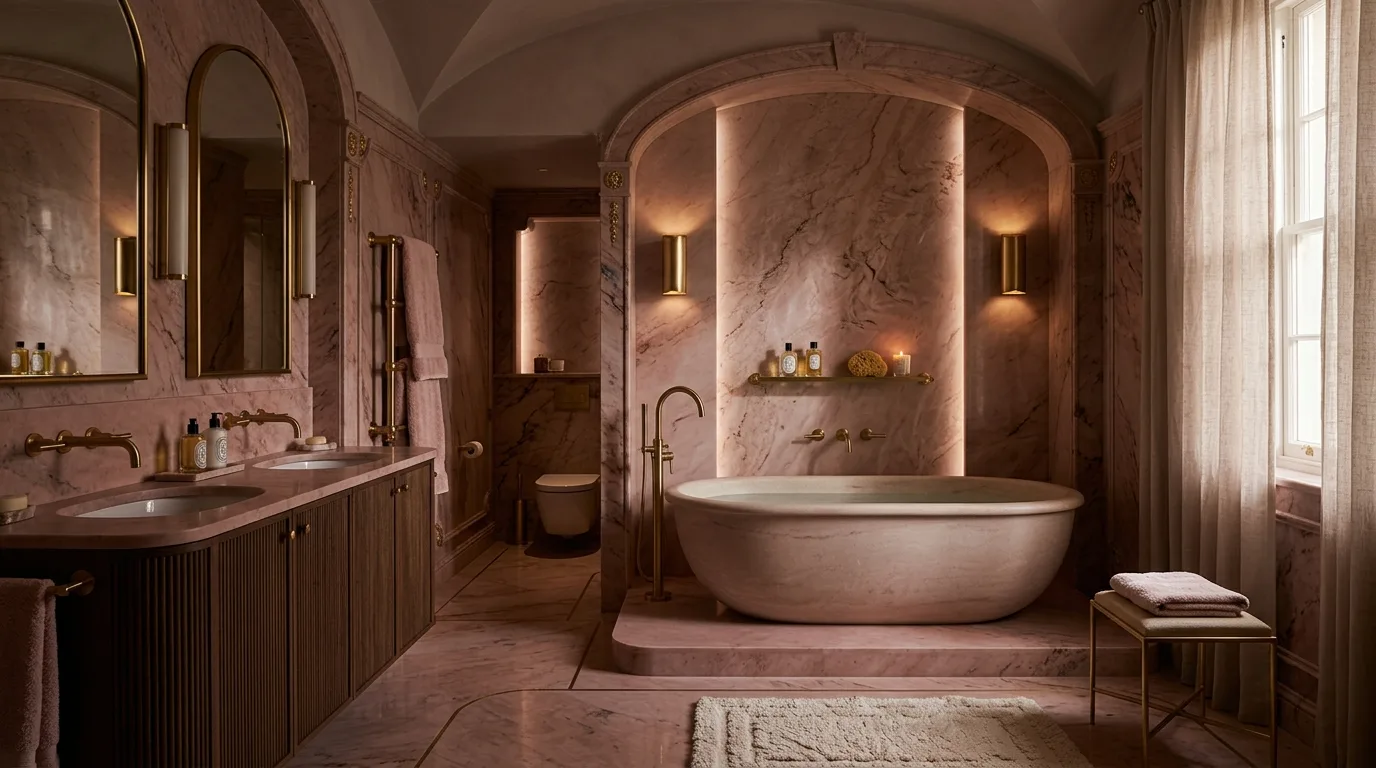 balance boldness with breathing room in a bathroom inspired by moody pink sophisticated blush.