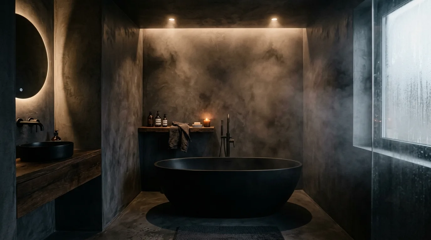start with the main color or material story in a bathroom inspired by moody are big atmosphere.