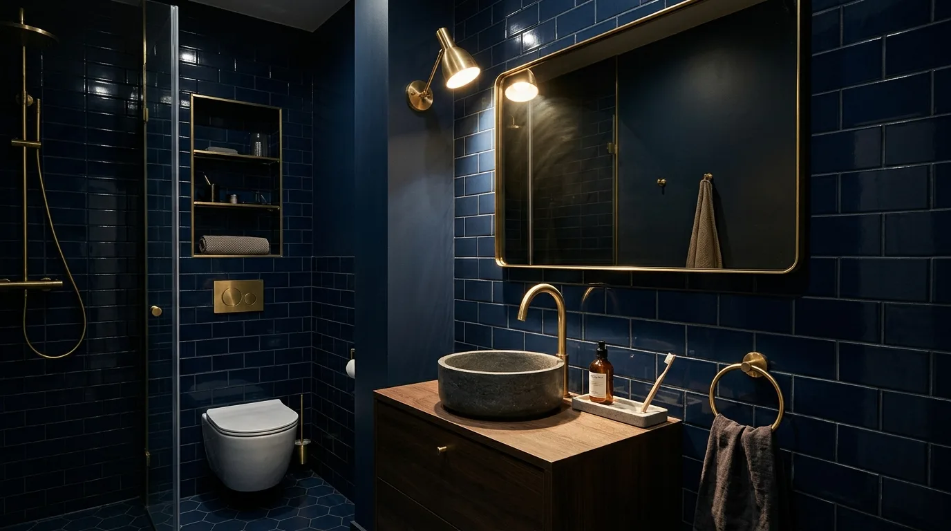 pair it with finishes that support the mood in a bathroom inspired by moody are big atmosphere.