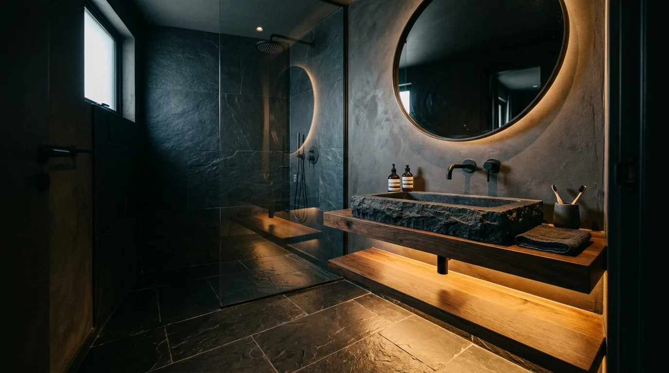 add texture for more depth in a bathroom inspired by moody are big atmosphere.