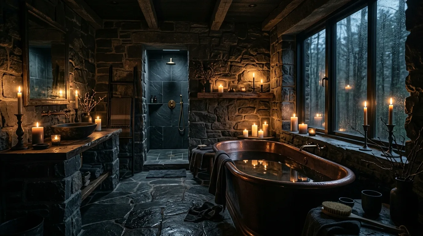 create a bathroom that feels complete in a bathroom inspired by moody are big atmosphere.