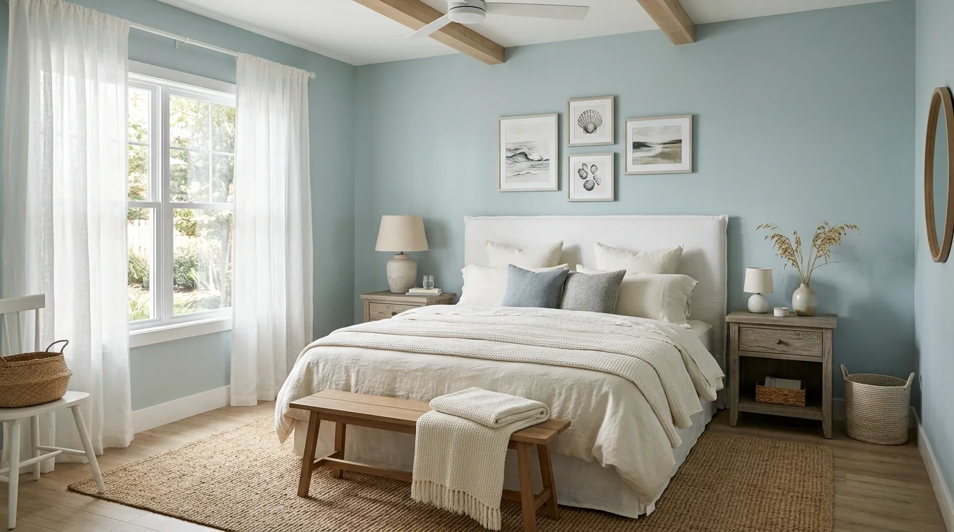 Muted blue bedroom with subtle coastal styling, natural texture, and soft bedding.
