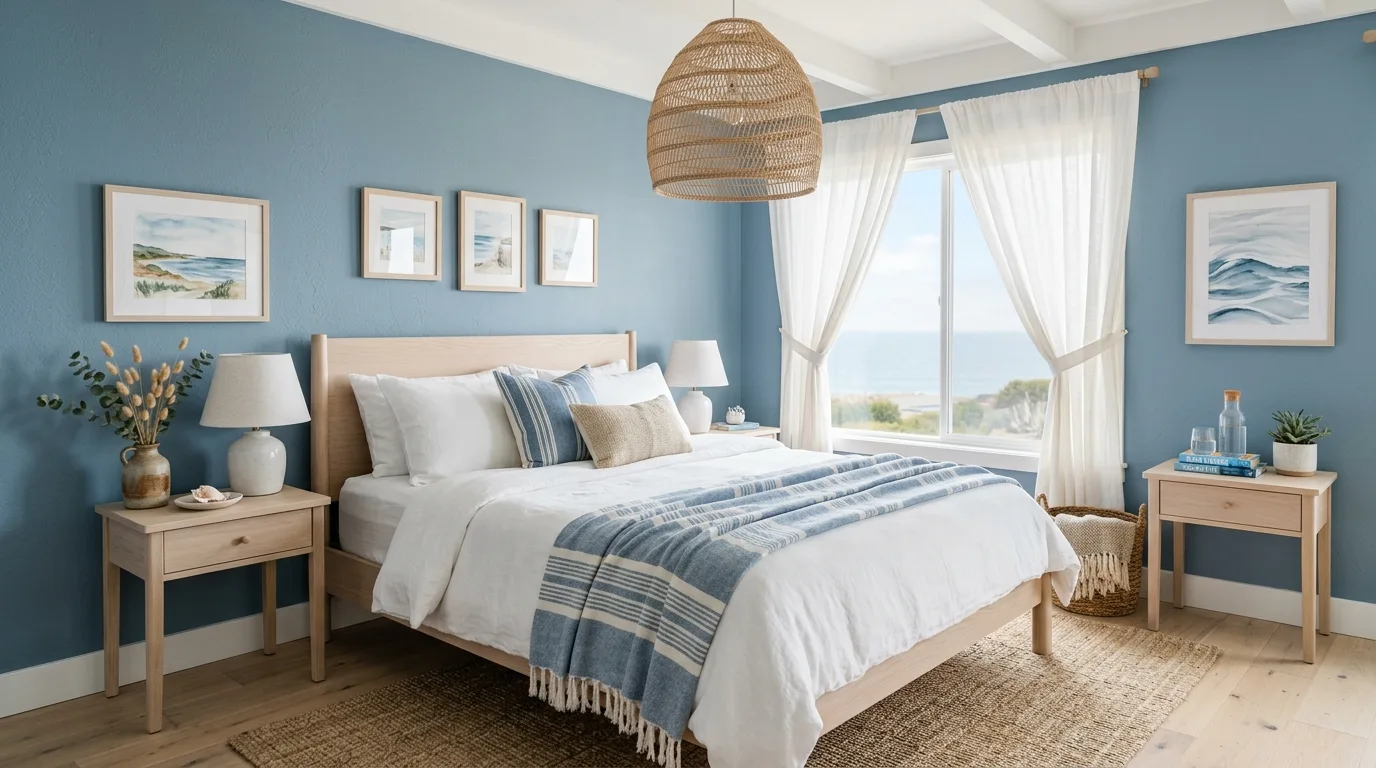 Muted blue bedding with pale oak furniture in an airy coastal bedroom.