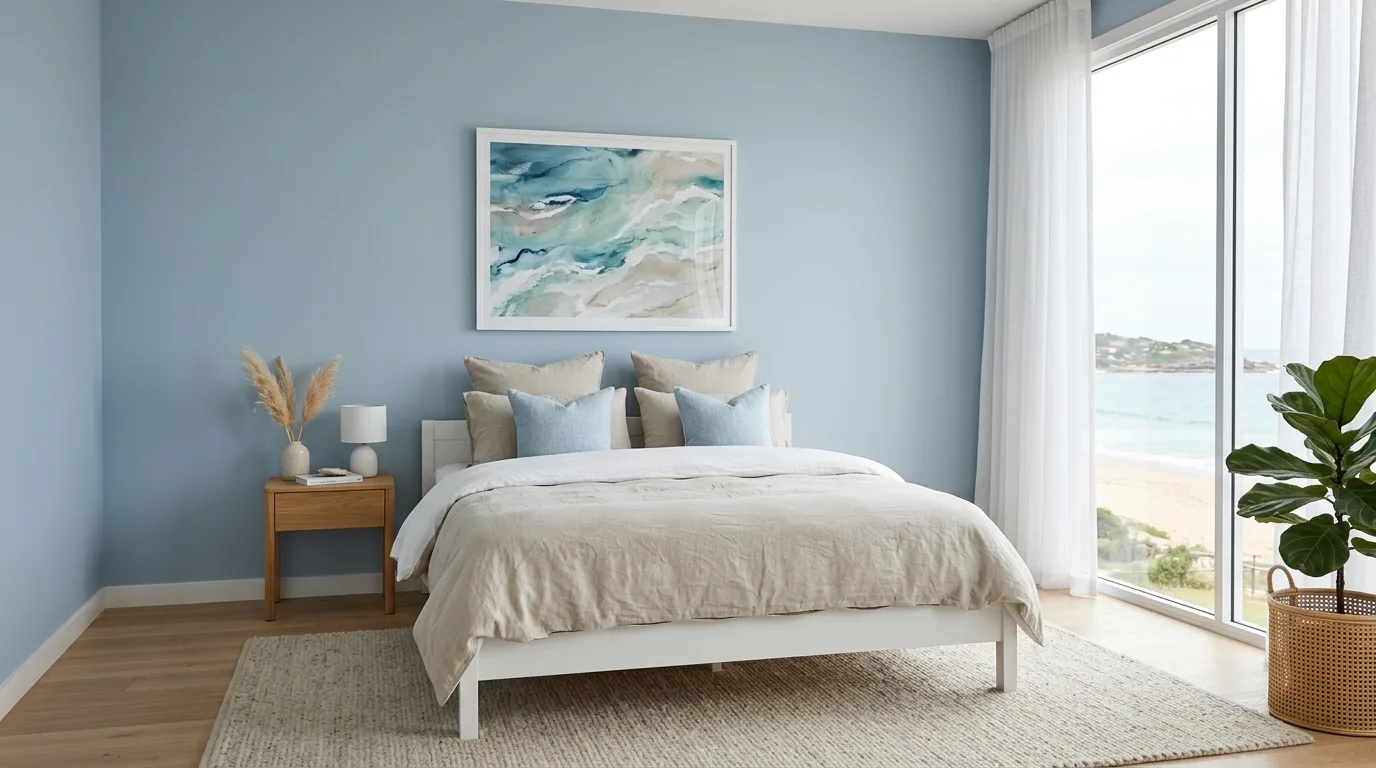 Soft blue wall paneling with linen drapes in a calm coastal-inspired bedroom.