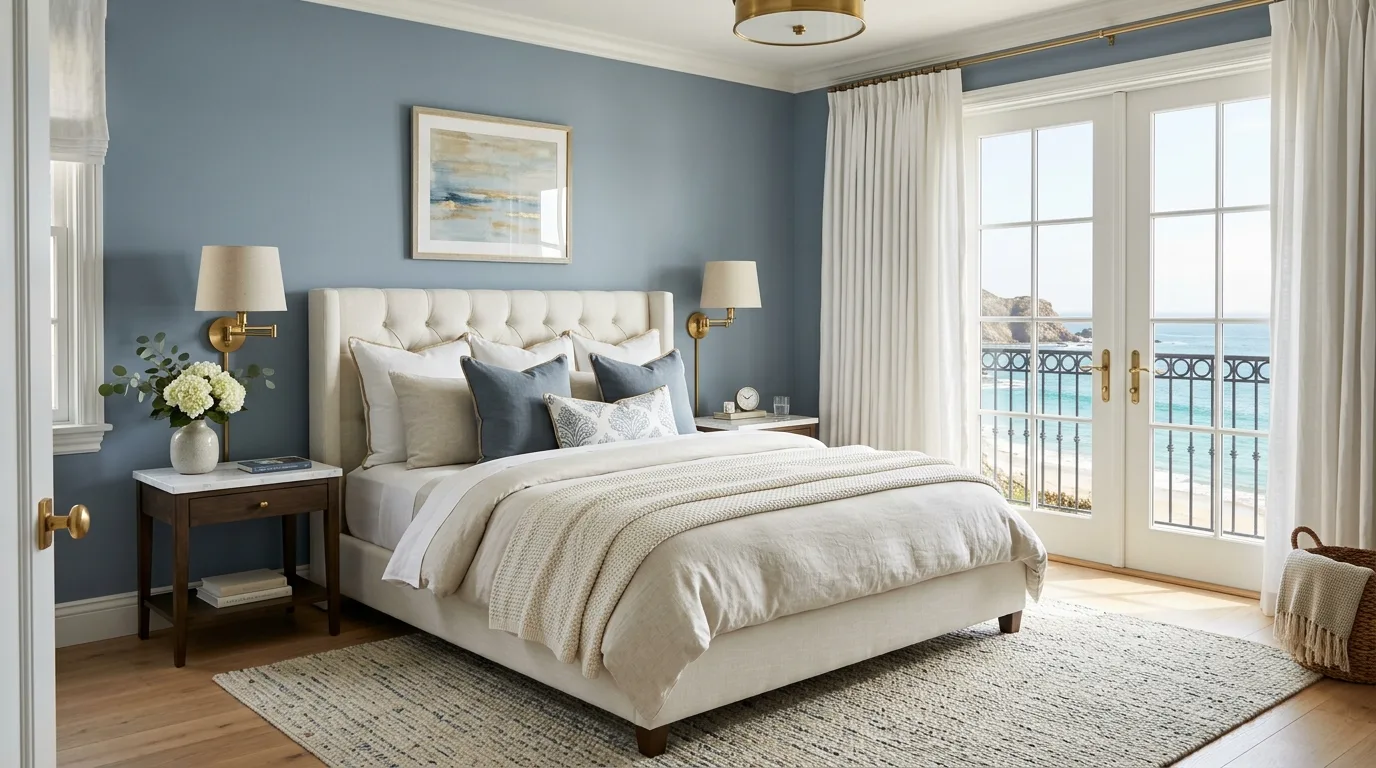 Muted blue bedroom with sand-toned layers and natural coastal textures.